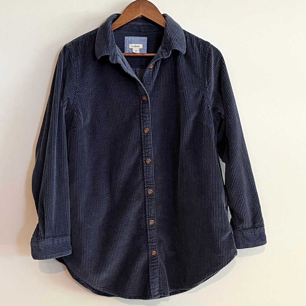 LL Bean Womens Navy Blue Corduroy Button Down Shirt Long Sleeve 100% Cotton SP